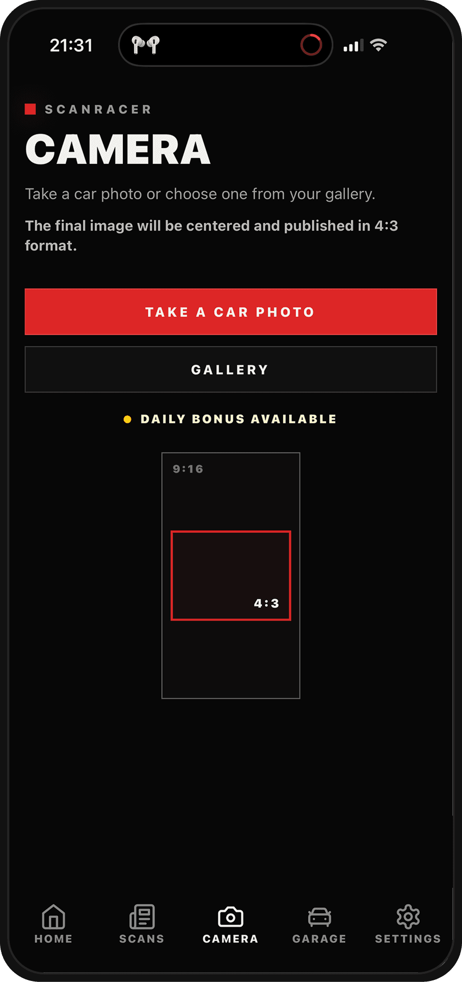 Camera capture in the ScanRacer app