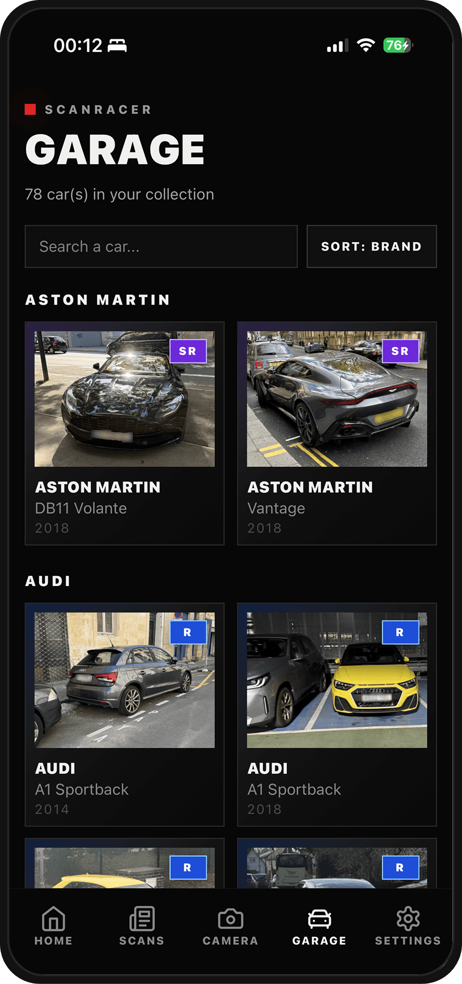 Personal garage in the ScanRacer app