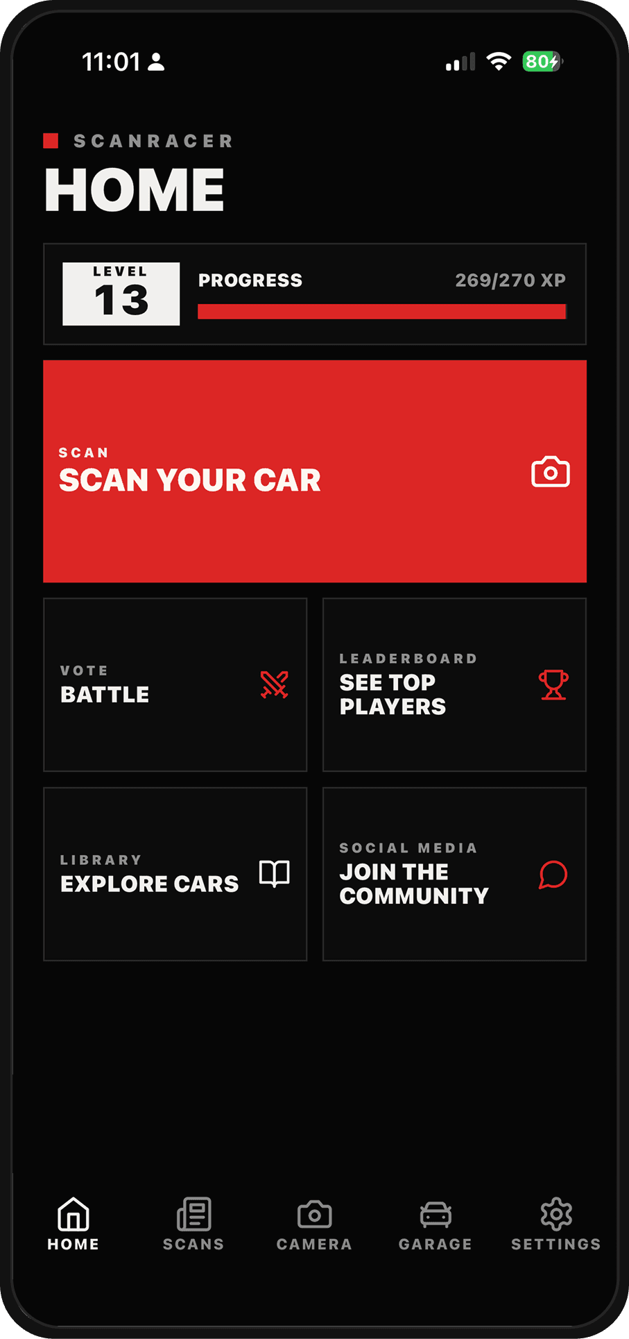 ScanRacer app home screen